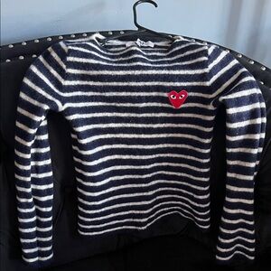 Comme des Garcons Navy and White Striped Sweater with Red Heart